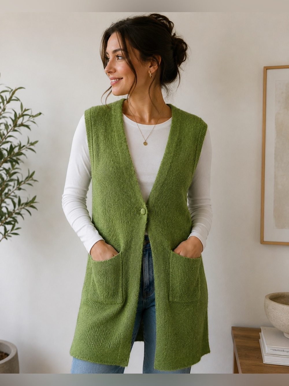 ICHI Olive Green LONG Cardigan Knit Vest XS - bohemian cottagecore preppy